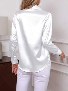 Blusa clásica de unicolor, elegante de popelina, de manga larga con botones para mujer, para uso diario en la oficina, nueva llegada de primavera 2025 - Blanco 2 - Ver 2