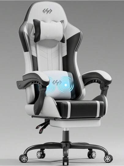 Gaming Chair With Massage Function, Video Game Chair, Gaming Computer Chair, Ergonomic Chairs For Adults With Headrest And Lumbar Support, Swivel PU Leather Office Chair,Black And White
