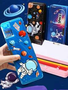 卡通宇航员太空图案铅笔盒，多功能学生文具盒带卷笔刀，大容量笔盒，学习用品 - 彩色 - 查看 7