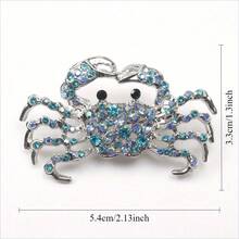 Silver-Tone Crab Brooch With Multicolor Blue Rhinestones, Intricate Seafood Design Pin For Beach-Themed Outfits, Summer Parties, Ocean-Inspired Looks, Ideal Gift For Seafood Enthusiasts & Jewelry Lovers - Màu xanh lam - Xem 4