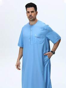 AL HARAMAIN Men's Stylish Light Blue Short Sleeve Robe, Featuring Elegant Buttons And Pockets, Blending Traditional And Designs For Unique Charm