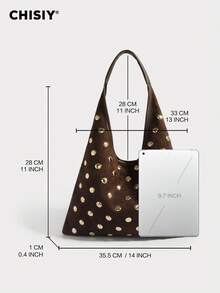 Original Handmade Fashion High-Quality Rivet Design Element Khaki Fabric & Faux Leather Elegant Business Large Capacity Women's Commuter Bag, Casual Versatile Shoulder Bag, Suitable For Work, Holiday, Travel, Shopping, Daily Gathering, Music Festival, Autumn/Winter