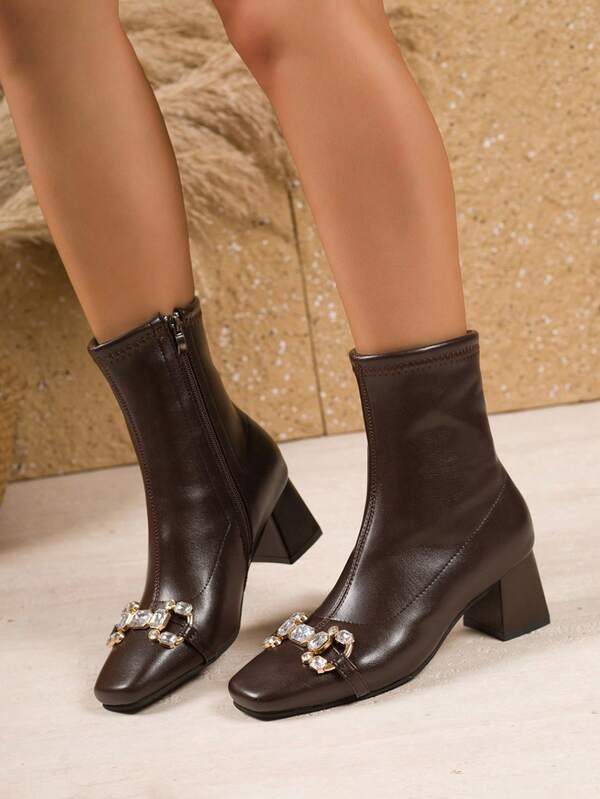 2025 Autumn/Winter New Brown Boots, Square Toe Leather Rhinestone Decor Side Zipper Chunky Heel Ankle Boots, Elegant Commuting Daily Versatile Fashion Boots, Brown Boots, Plus Size Women Shoes,Burgundy Heels