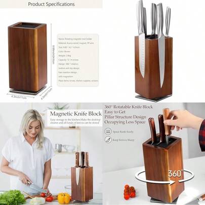 Magnetic Knife Block Without Knives 360°Rotatable Knife Holder With Four Sided Magnets And NonSlip Base Kitchen Acacia Wood Universal Magnetic Knife Storage Rack