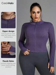 Plus Size Women Slim Fit Lightweight Sports Jacket, With Thumb Hole, Purple, Funnel Neck, Suitable For Yoga, Gym, Running, Cycling, Daily Wear Spring - Elderberry - Xem 2