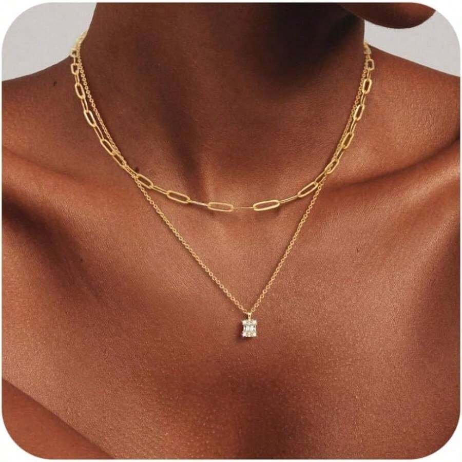 Gold Layered Women, 14K Gold Plated Dainty Necklace Set With Paperclip, Adjustable Gold Jewelry Stackable - Layered Necklace /4 - View 1