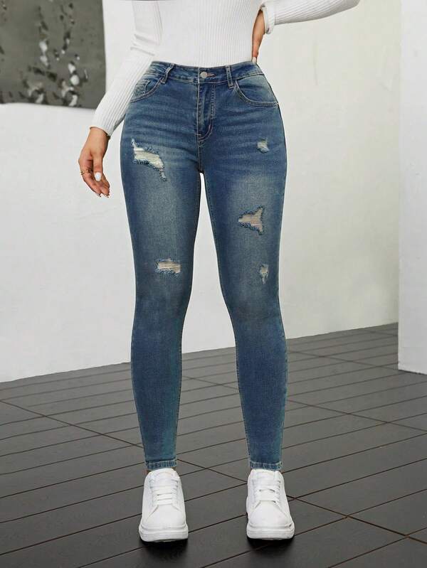 IDYLLIC Pantalones vaqueros pitillo azules de mujer, de corte informal, largos, con botones delanteros, bolsillos con cremallera y gran elasticidad para mayor comodidad.