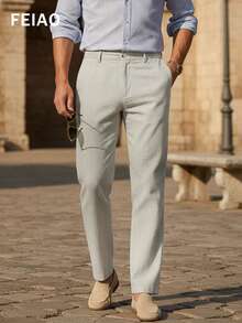 Quần dài nam FEIAO kiểu retro, chất liệu giả lanh, màu trơn, ống đứng, phong cách tối giản, đa năng. - Màu Khaki - Xem 1