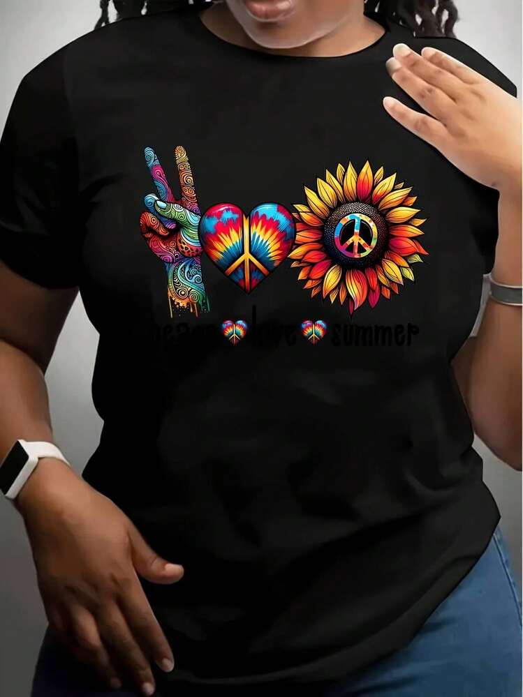 Camiseta Gráfica de Mujer Sobredimensionada - Estampado Juguetón y Geométrico para Verano, Top de Manga Corta Casual, Tejido Suave y Transpirable para Atuendos de Playa, Ropa Casual de Primavera/Verano - Negro - Añade 1
