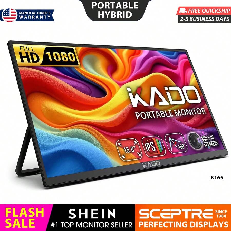 Kado Portable Monitor 15.6-Inch FHD 1080p, Ultra-Slim Laptop Monitor 1920x1080 With Built-In Speakers, IPS Display 180° Kickstand Wall/Arm Mount For PC, Mac, Phone, Xbox, PS5, USB-C & Mini HDMI - 黑色 - 查看 1