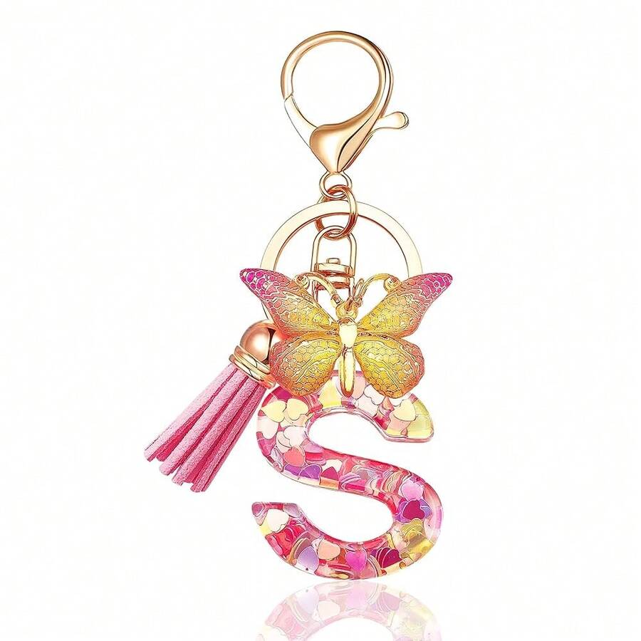 JINGUAZI Initial Letter Keychains For Women Tassel Butterfly Pink Purple Cute Car Keychain For Wallet Backpack Bag Charm{Inchcolor_nameinch:InchS-Pinkinch} - S-pink - 查看 1