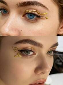 3张3D金色眼线贴纸 面部纹身贴纸 身体化妆 音乐节 服装派对 眼部装饰 - 金色 - 查看 3