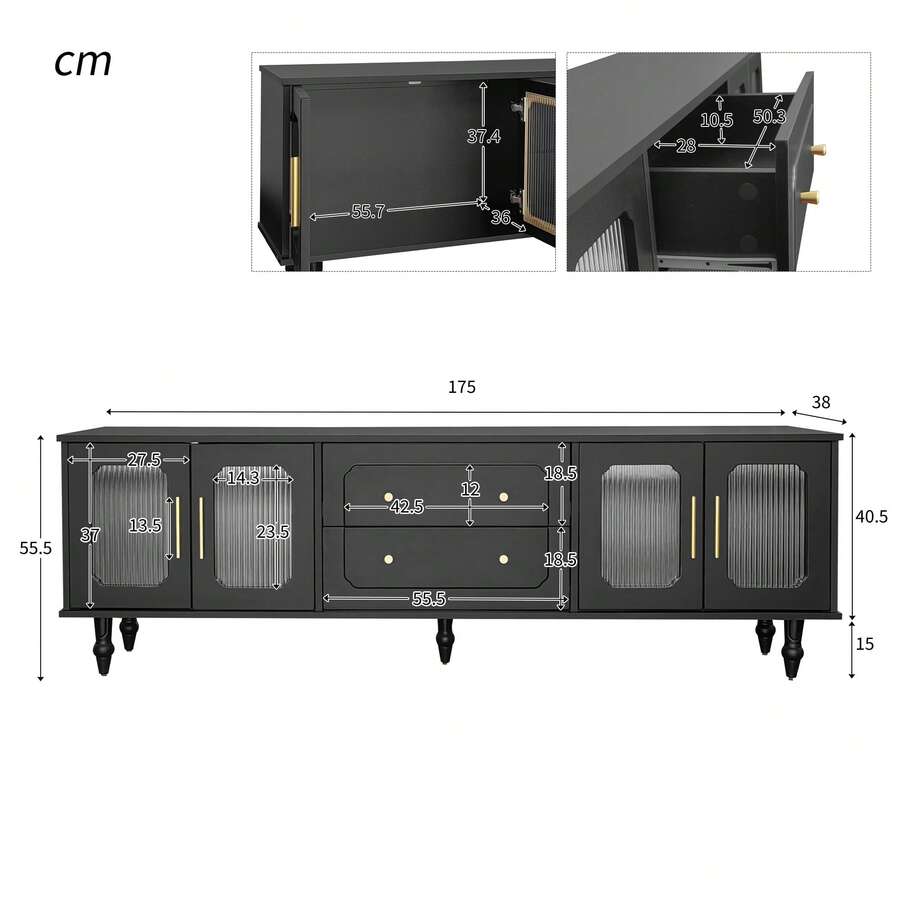 Low Cabinet, Retro-Style TV Stand: Gold Handles, Plenty Of Storage Space. With A Glass Door And Solid Wood Legs. - 黑色+刨花板+70-79英寸 - 查看 1