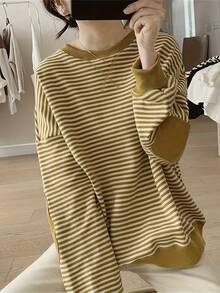 女性用ルーズストライプセーター - 長袖ルーズチュニックトップ、縦ストライプマスタードイエローとブラウン、春と秋の重ね着に適した柔らかい生地、カジュアルなドレスアップ、快適でスタイリッシュな女性用セーター、わずかな伸縮性のあるルーズフィット、手洗いまたはドライクリーニング、シックなストライプデザインはカジュアルウェアに適しています。 、女性用トップスとブラウス、女性用トップスとブラウス、クリスマス、女性用トップス、女性用服、シャツ、女性用トップス - 茶色 - チェックする 4