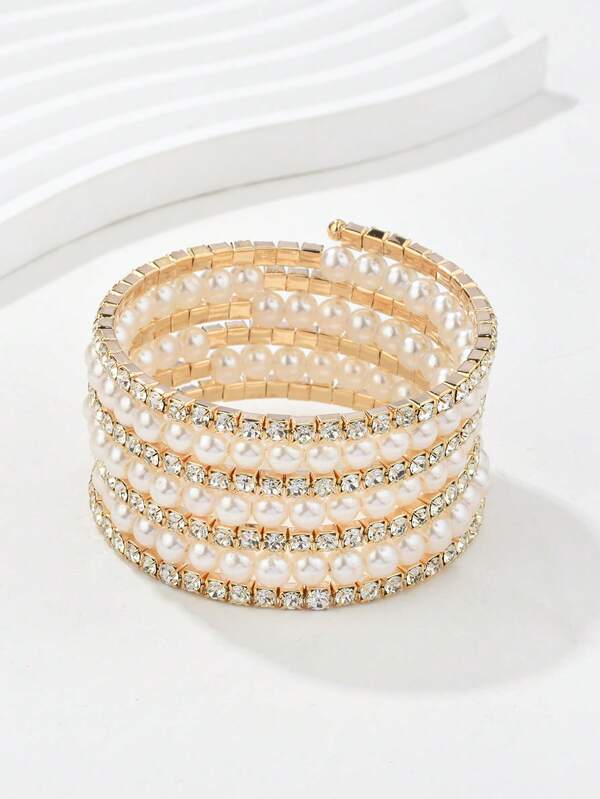 1pc Luxury Elegant Creative Faux Pearl & Rhinestone Bracelet, Women's Fashion Party Accessory