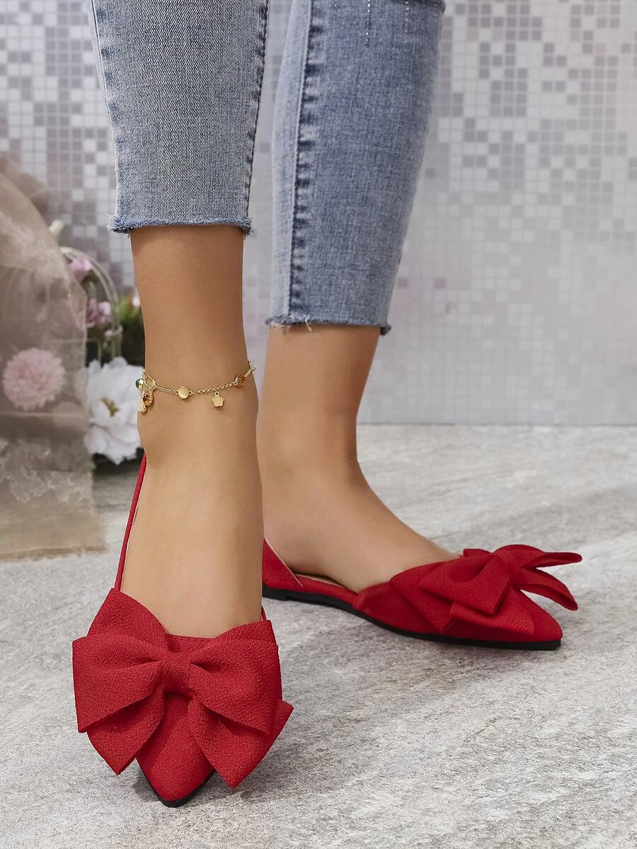Sandalias de mujer con decoración de lazo y punta puntiaguda, elegantes y cómodas con correa de tobillo de unicolor, versátiles para ocasiones casuales, formales, de oficina y de fiesta - Burdeos - Ver 1