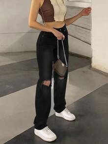 Womens Casual Black Denim Ripped Straight Leg Jeans With Pockets And Zipper Long Plain Style - 黑色 - 查看 3