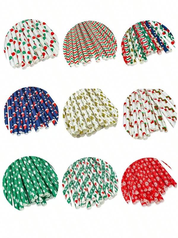 25/100 piezas Surtido de pajitas desechables navideñas, disponibles en un solo estilo o estilos mixtos, tamaño 6*197mm, decoraciones navideñas, adecuadas para celebraciones festivas, tiendas de bubble tea, cafeterías