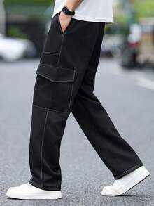 Plus Size Men's Cargo Pants With Pockets And Drawstring, Casual And - Black - View 2