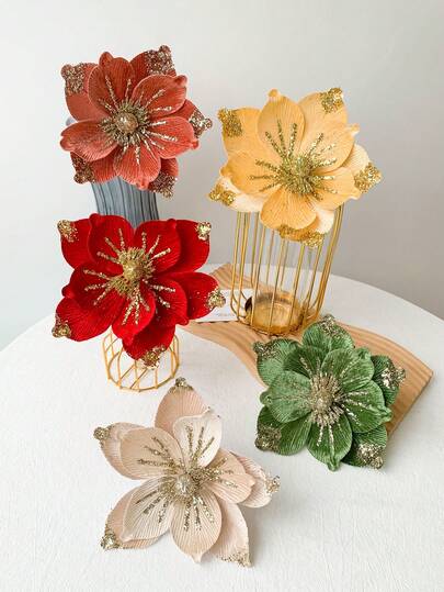 Flores de magnolia artificiales de terciopelo (16 cm/19,5 cm) | Decoración de árbol de Navidad/hogar en blanco/rojo/crema/verde/brillo dorado, regalos navideños