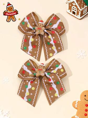 2pcs Christmas Gingerbread Hair Bows For Girls Colorful Beaded Printed Bow Alligator Clips Cartoon Biscuit Hair Clips Adorable Holiday Holiday Barrettes Christmas Gingerbread Hairpins Teens Hair Accessories