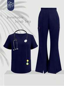cimmuovere Ensemble de blouse et pantalon fendu pour femmes grandes tailles, col en V unicolore, manches courtes. Tenue de travail pour infirmière, laboratoire ou vétérinaire, avec poches. Printemps - Bleu marine - Voir 3