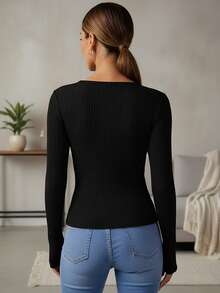 Cárdigan con botones para mujer, cuello redondo, acanalado de punto ajustado - Negro - Ver 2