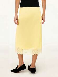 Womens Satin Midi Skirt Stylish Elegant Solid Color Lace Trim Slim Fit Mid Rise Skirt - Yellow - View 7