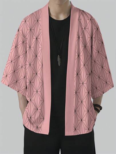 Men's Chinese Style Geometric Print Loose Casual Kimono Cardigan