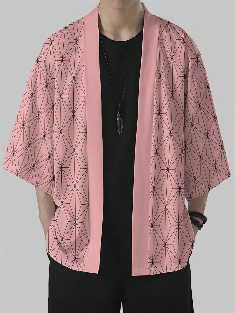 Men's Chinese Style Geometric Print Loose Casual Kimono Cardigan