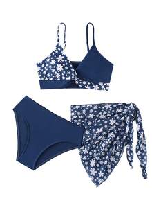 少女三件套雏菊拼接比基尼泳衣套装 - 彩色 - 查看 5