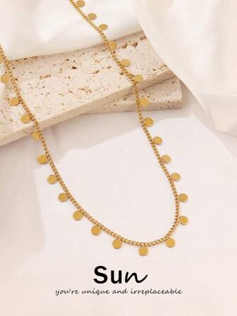 1件装不锈钢圆形流苏链项链，女士时尚简约金色颈链，防水女式首饰