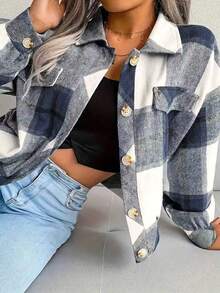 Plus Size Women's Plaid Print Button Jacket - Blue - View 2