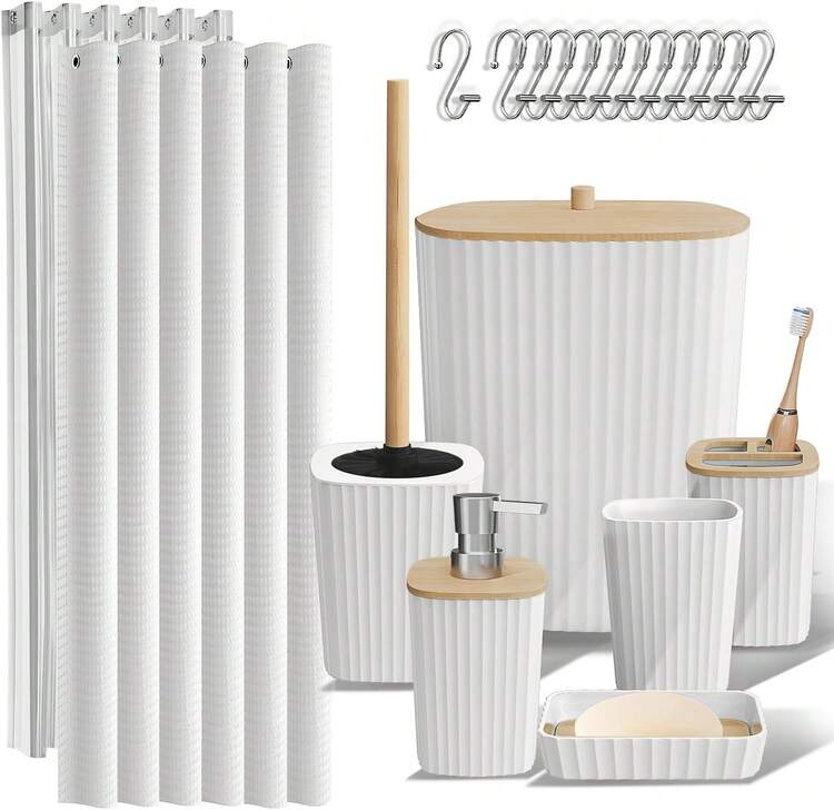 Clara Clark Bathroom Accessories Set - Bathroom Set, Bathroom Accessory Set, Shower Curtain Set, Toilet Brush, Trash Can & Soap Dispenser - Black - 20PC - 白色 - 查看 13