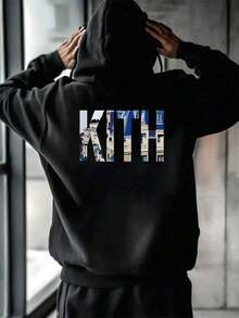 2026Men's Cozy Hoodie With Graphic KITH Design Stylish Urban Casual Sweatshirt With Blue And White Building Detail Pattern,Comfortable FitLoose And Comfortable,Casual And Easy-Goin,Valentine's Day Hoodie For Couples,New Years Outfit Women - màu đen - Xem 2
