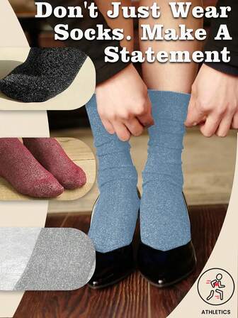 5双银线中筒袜，女士时尚袜，适合休闲、运动、圣诞派对穿着