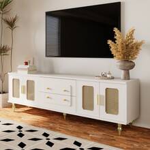 Low Cabinet, Retro-Style TV Stand: Gold Handles, Plenty Of Storage Space. With A Glass Door And Solid Wood Legs. - 白色+刨花板+70-79英寸 - 查看 4