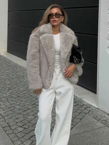 HH 女式冬季优雅纯色仿皮草效果长袖开衫外套女式休闲高街口袋外套