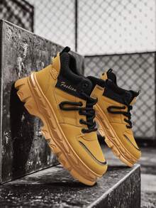 Men's High-Top Fashion Work Boots, Casual Vintage Comfortable Elevator Outdoor Hiking Shoes - Earthy Yellow - View 5