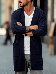 男士宽松针织开衫，长袖V领口袋休闲毛衣外套，秋冬款 - 寶藍色 - 查看 4