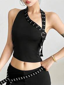 Women Asymmetrical Halter Tops Studded Straps Slim Fit Slant Neck Going Out Vest - Black - View 2