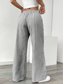 Women's White & Gray Vertical Striped Straight-Leg Pants - Lightweight Polyester Trousers With Drawstring Waist & Side Pockets, All-Season Casual To Dressy Wear, Smooth Texture Long Pants (No Belt) For Office, Semi-Formal & Everyday Outfits Women's Winter Clothing Of Women's Winter Clothing Women's Winter Fashion Women's Winter Promotion Of Women's Winter Clothing - 灰色 - 查看 3