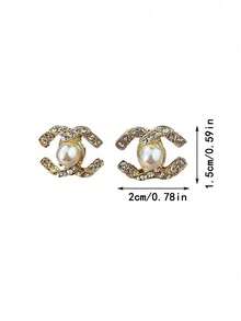 2pcs Fashionable Luxury Encrusted Criss-Cross Pearl Stud Earrings, Versatile C-Shaped Earrings Suitable For Women's Daily Wear, Outings And Events - Gold - View 5