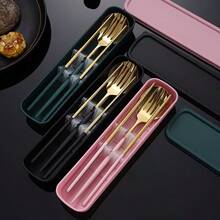 410不锈钢便携式餐具套装 - 3件套（筷子、勺子、叉子）