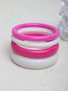 4 件复古树脂琥珀纹理亚克力手镯，时尚百搭，适合女性日常佩戴 - 玫紅色 - 查看 5