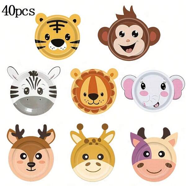 40 pezzi Piatti di carta monouso con motivi di animali cartoni animati, tigre, elefante, zebra, varie forme di animali, piatti spessi da 7 pollici, adatti per raduni, feste di compleanno, campeggio, banchetti e altro ancora