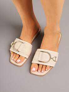 Sandálias femininas casuais de verão, macias e elegantes, com detalhes metálicos. - Bege - Ver 2