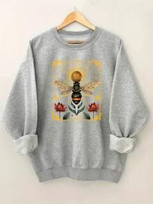 2025 Bee Floral Vintage Pattern Letter Print Code Round Neck Sweatshirt Casual Daily Wear - White - View 7