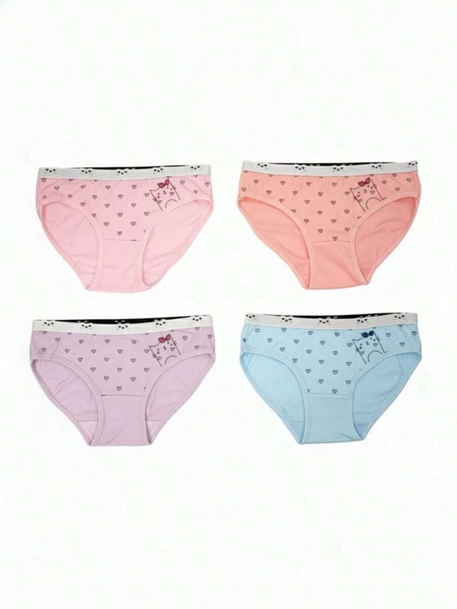 Paquete de 5 Braguitas de Bikini de Algodón con Estampado Kawaii de Gato y Corazones | Colores Pastel Surtidos (Rosa, Menta, Amarillo, Azul) | Talle Medio Elástico | Cómodas, Transpirables y Sin Costuras | Ropa Interior Lluvlette Estilo Casual Cute - Multicolor 10-12 - Ver 1
