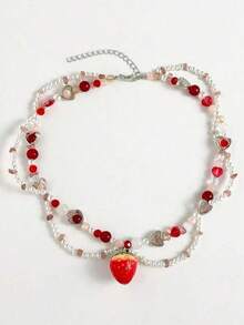 1 件清新甜美 Y2k 草莓吊坠项链串珠颈链仿珍珠锁骨链 - 紅色 - 查看 7